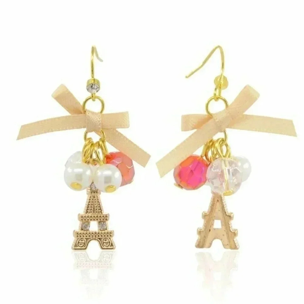 Handmade Paris Eiffel Tower 14K Gold Plated Czech Crystal Glass and Bow Earrings - Picture 2 of 3